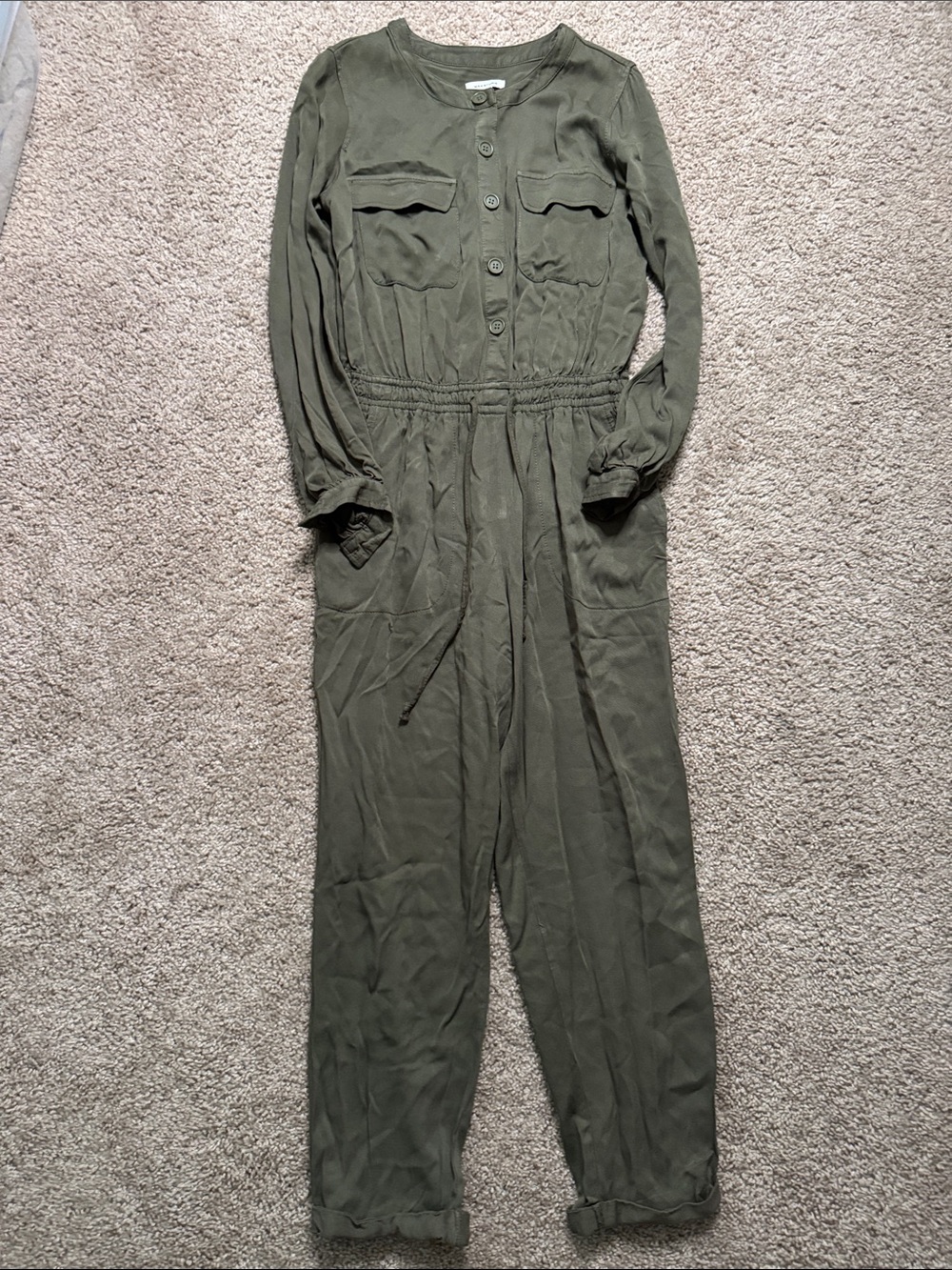Max Studio Olive Green Button-Up Utility Jumpsuit